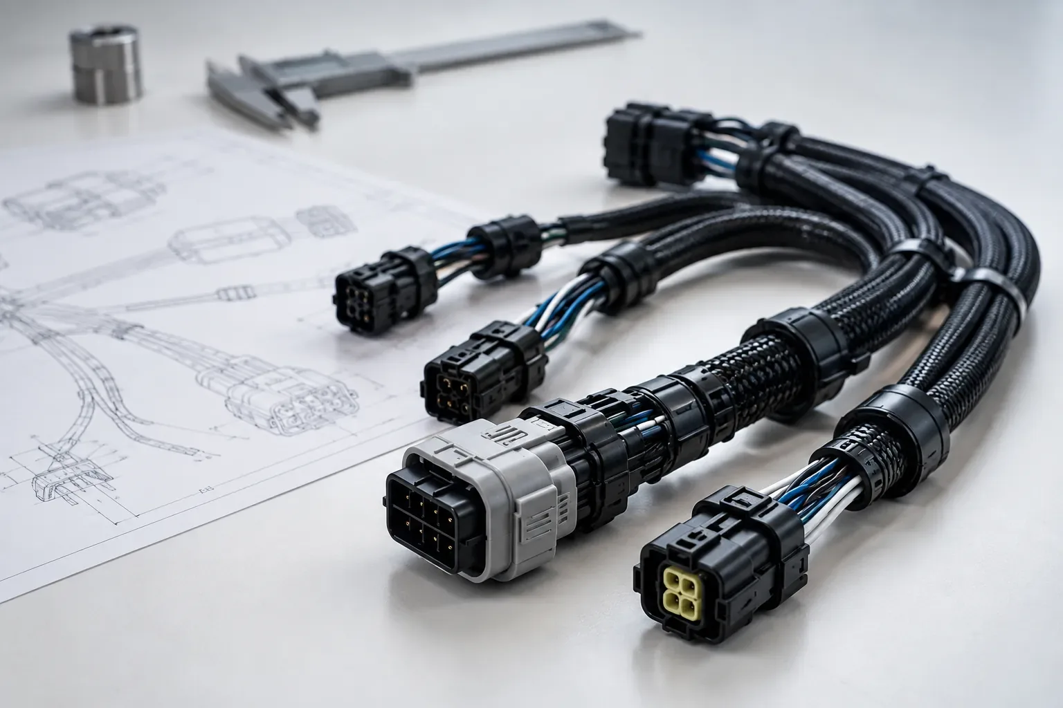 Illustrative branched braided wire harness beside a technical drawing