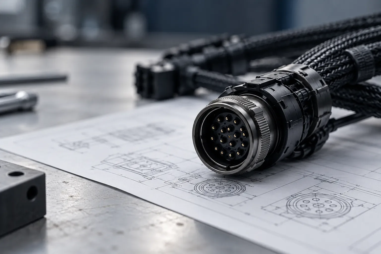 Illustrative circular connector with braided sleeving on a technical drawing