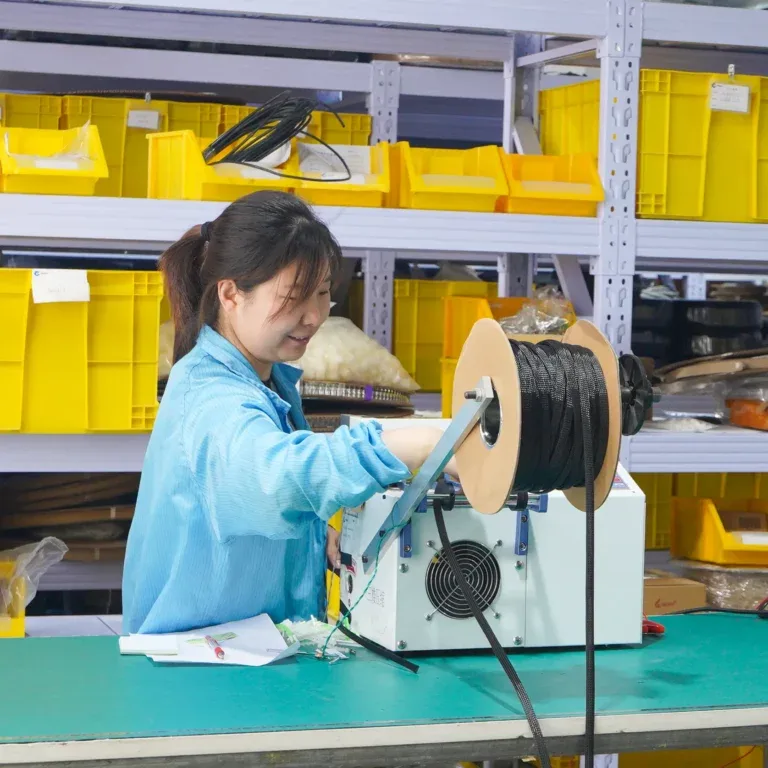 Cloom Tech technician preparing braided sleeving at a wire harness manufacturing workstation