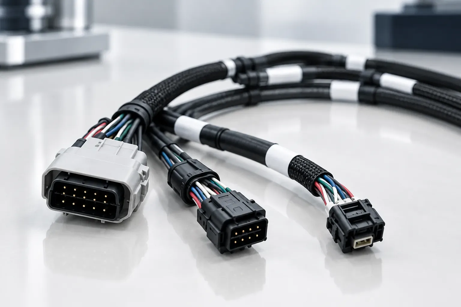 Illustrative compact wire harness with grey and black connectors on a clean surface