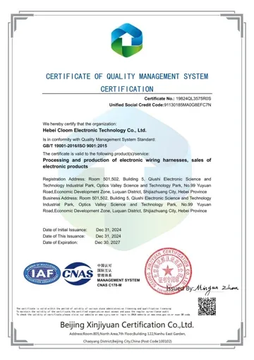 Preview of the ISO 9001:2015 certificate for Hebei Cloom Electronic Technology Co., Ltd.