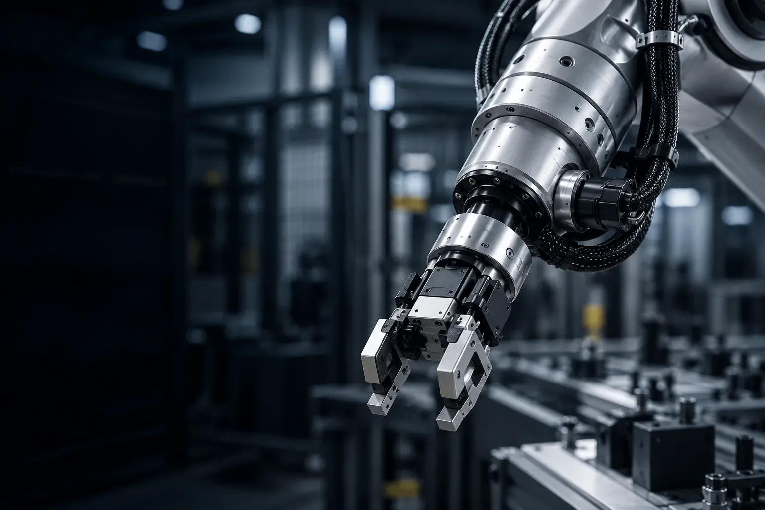 Illustrative industrial robot wrist with a braided cable routed along the arm
