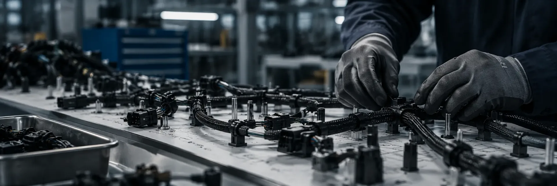 Illustrative gloved hands assembling a wire harness on a harness board
