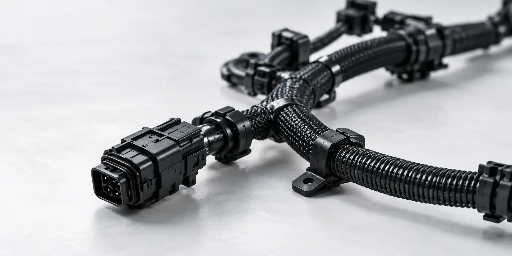 Illustrative sealed connector with protective sleeving on a studio surface