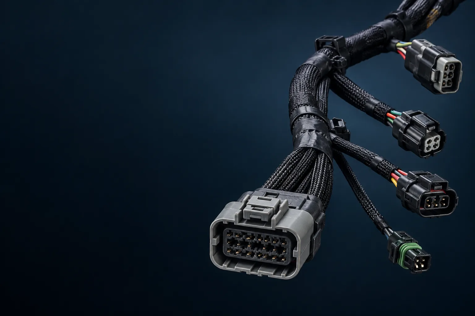 Illustrative custom wire harness with braided protection and multiple industrial connectors