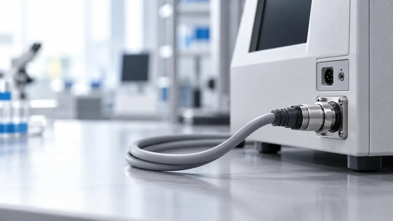 Illustrative laboratory equipment housing with a cable connected to its side panel