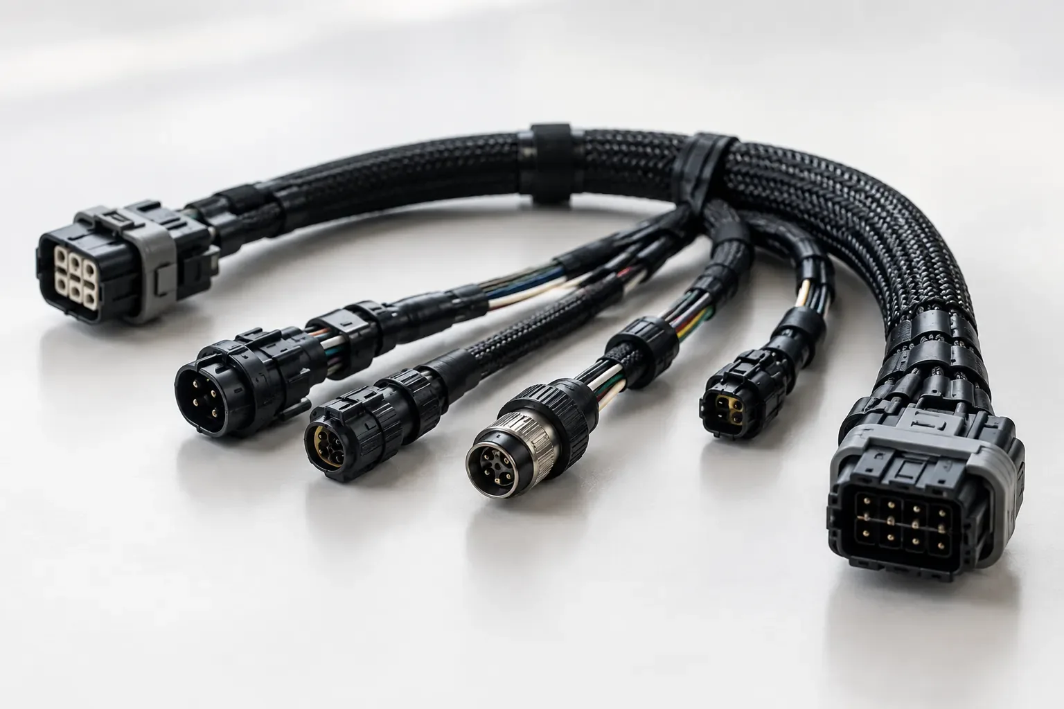 Illustrative sleeved cable assembly with several connectors in a gentle curve