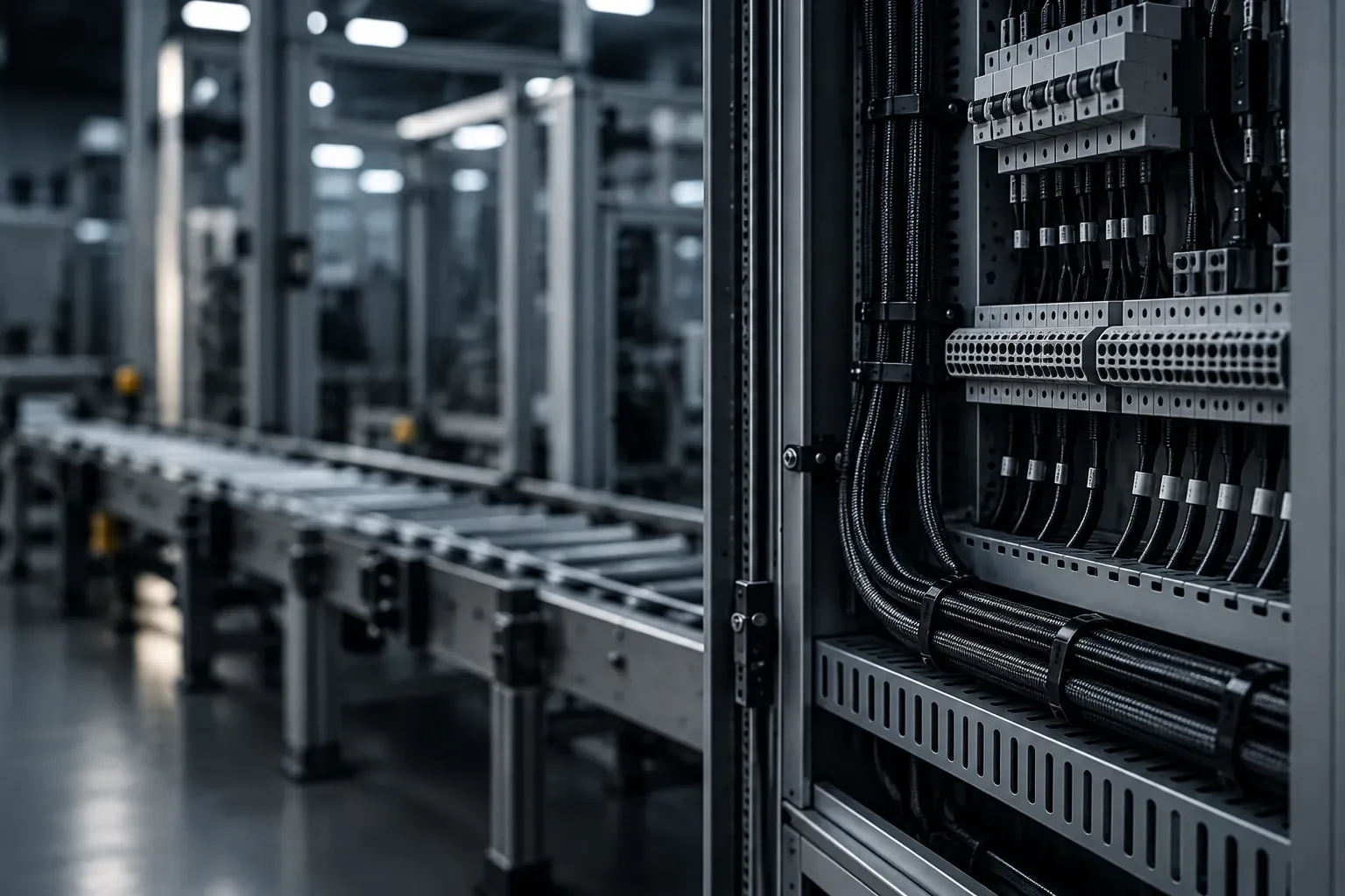 Illustrative control cabinet with routed wire harnesses inside industrial equipment