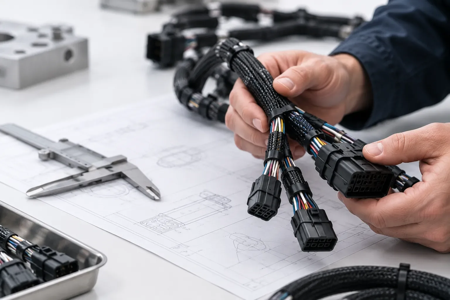Illustrative hands inspecting a braided wire harness over a technical drawing